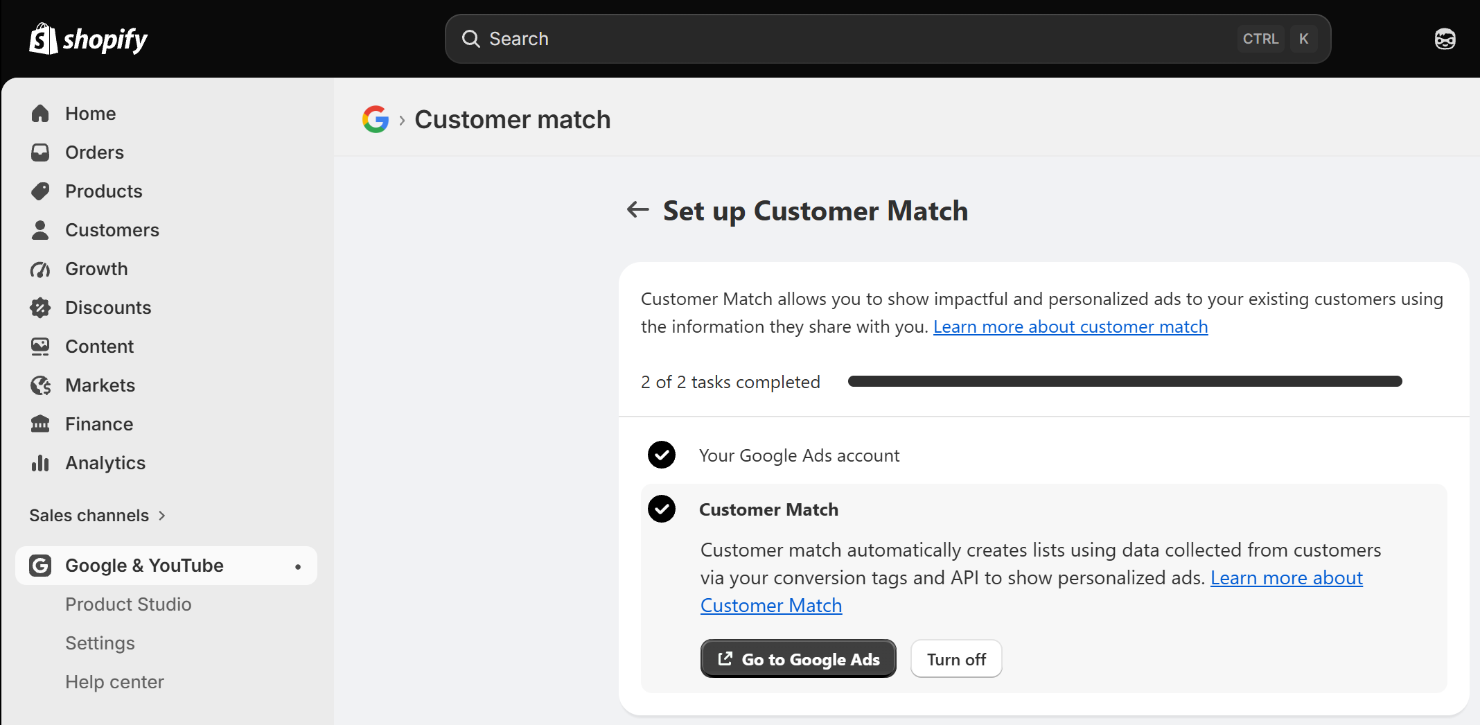 Shopify Customer Match confirmed active, 2 of 2 tasks completed, Go to Google Ads button