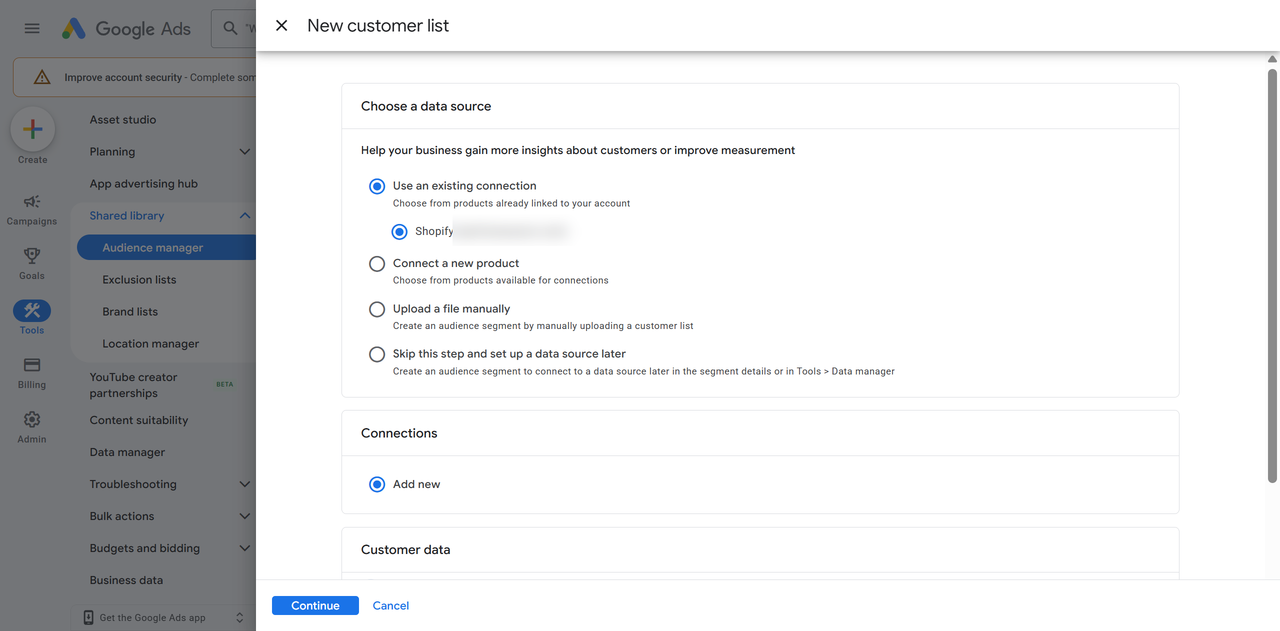 Google Ads New customer list dialog choosing Shopify as the existing connection