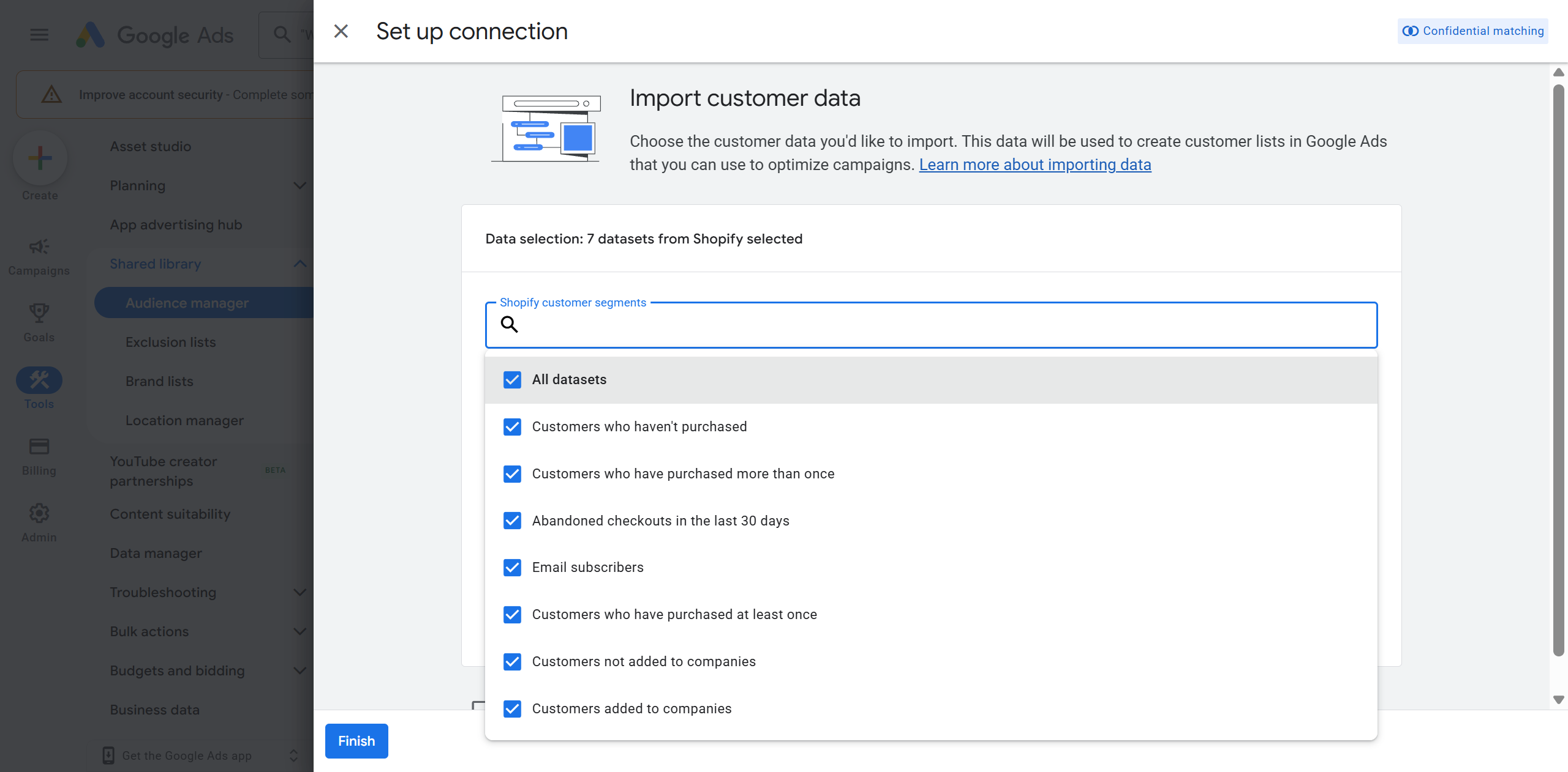 Google Ads import customer data screen listing all Shopify customer segments as checkboxes