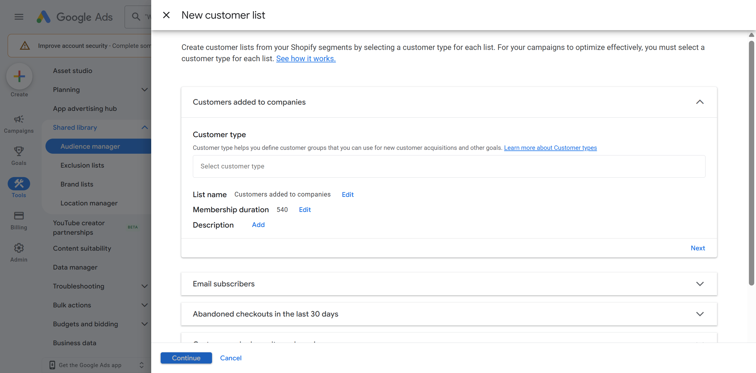 Google Ads new customer list screen showing customer type field to assign per list