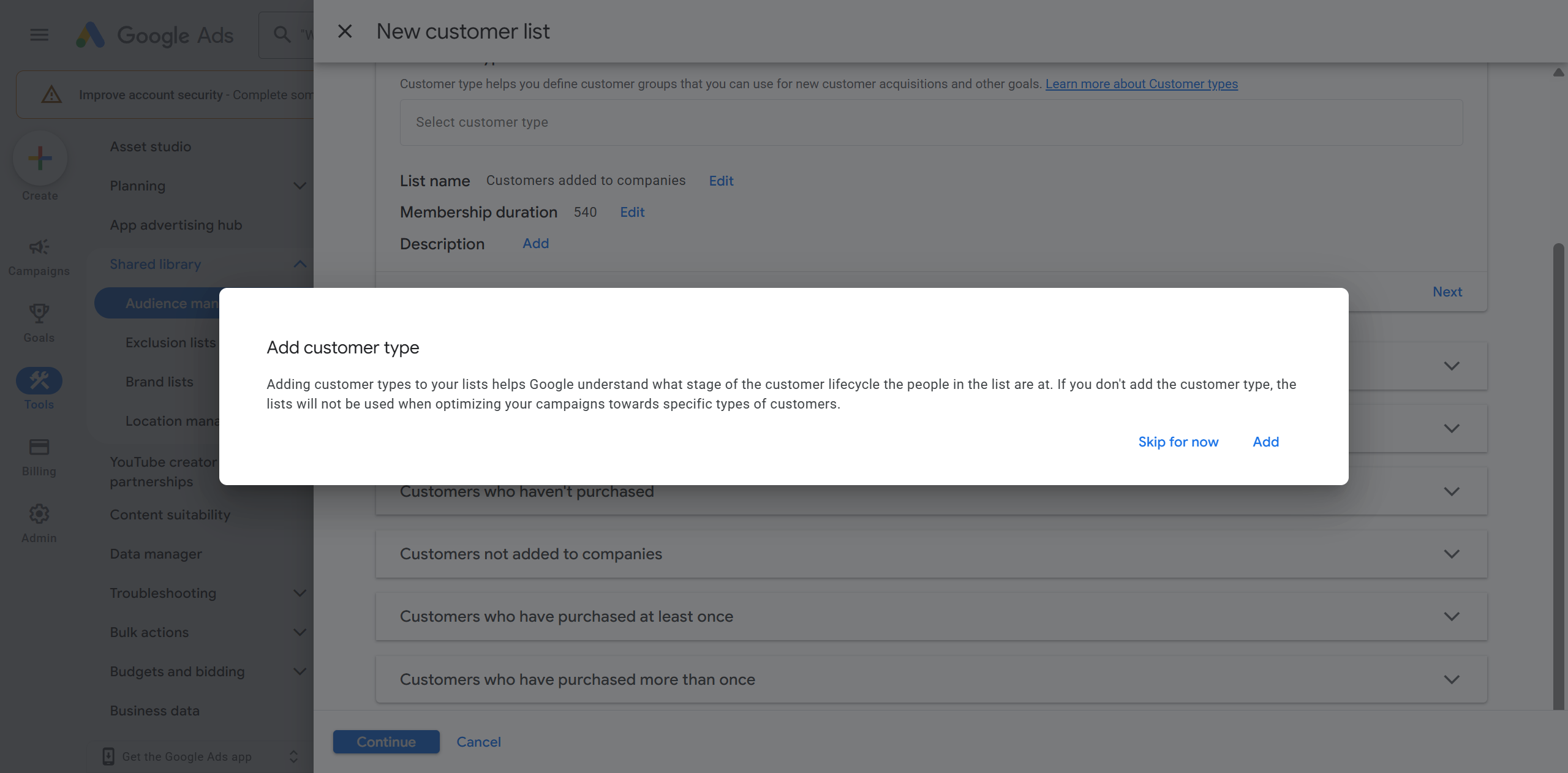 Add customer type prompt in Google Ads with Skip for now and Add options