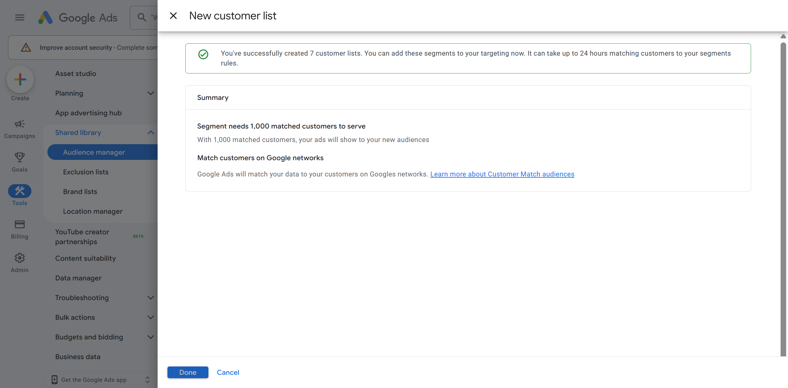 Google Ads confirmation that 7 customer lists were successfully created